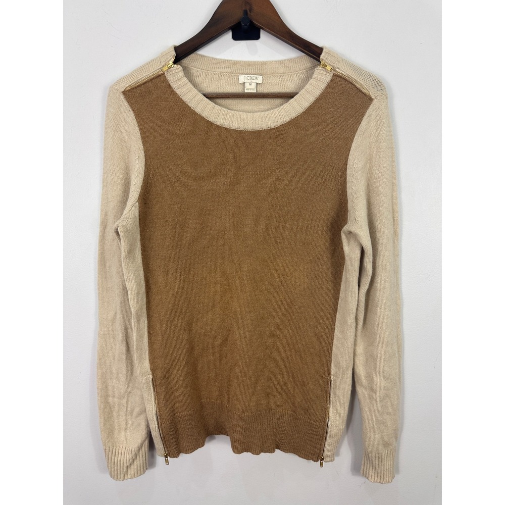 J.Crew Sweater Womens Medium Brown Beige Colorblock Merino Wool Blend Zip Detail